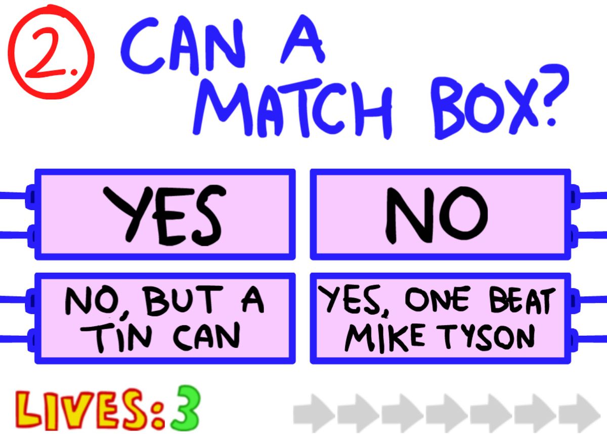 Una domanda da The Impossible Quiz chiede se un fiammifero può boxare