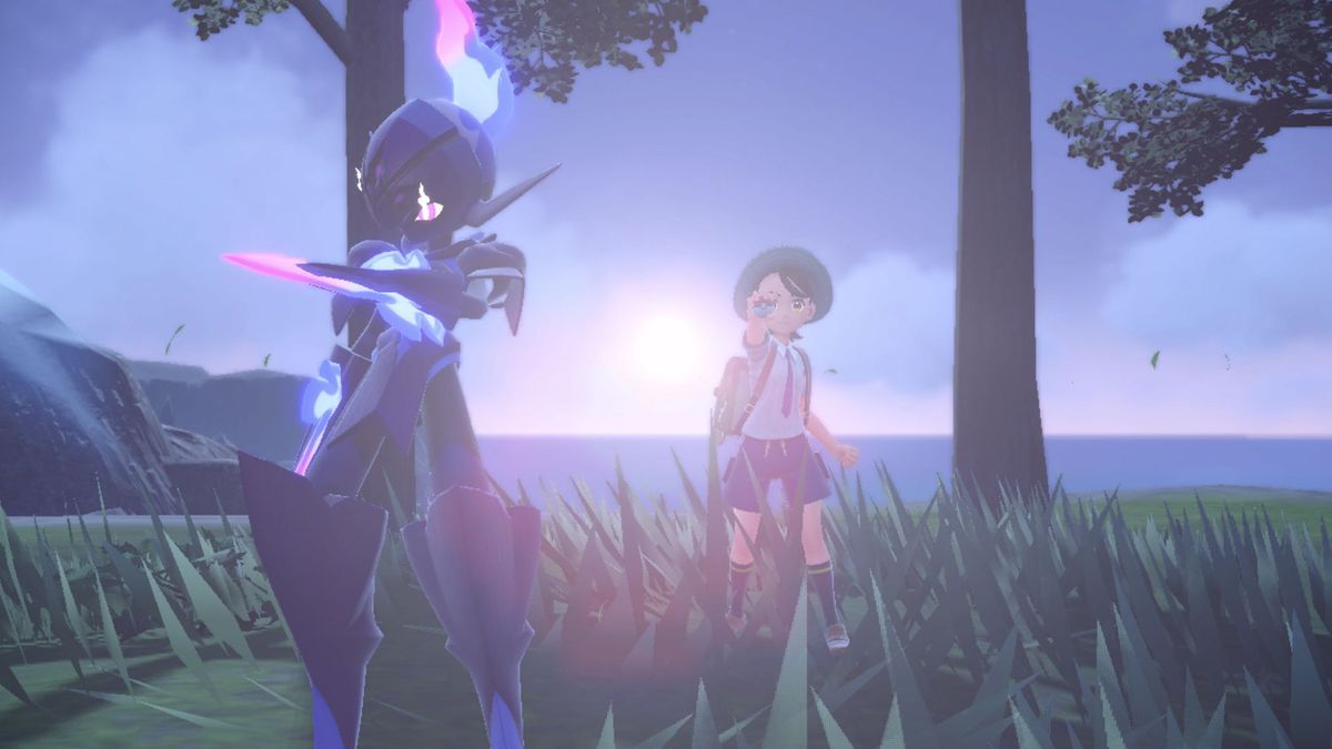 un pokemon umanoide in piedi accanto a un allenatore di pokemon