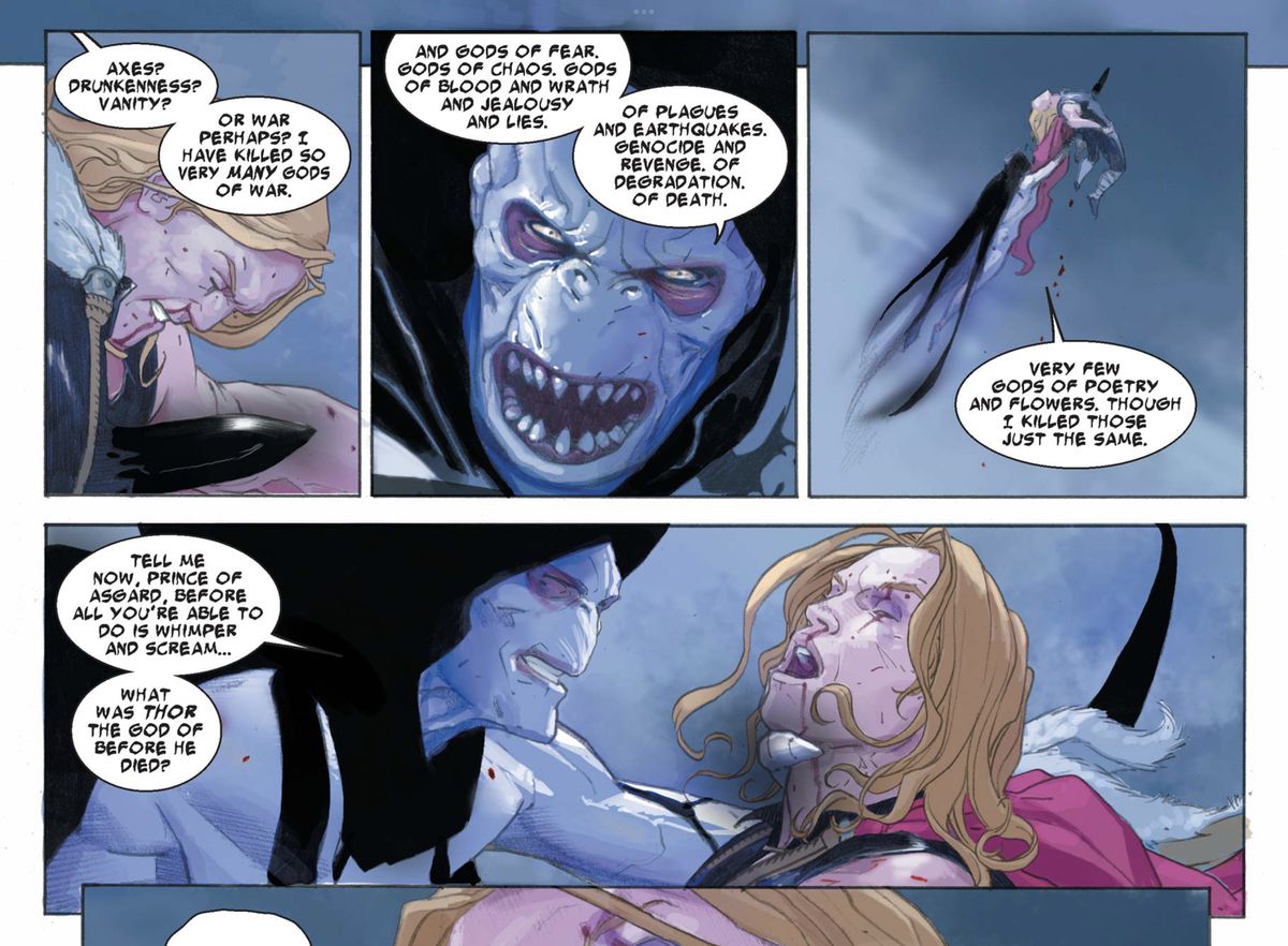 Con la spada nel petto di un giovane Thor e la sua mano intorno alla gola mentre precipitano nel cielo, Gorr il God Butcher parla di tutti gli dei che ha ucciso e di cosa erano dei.