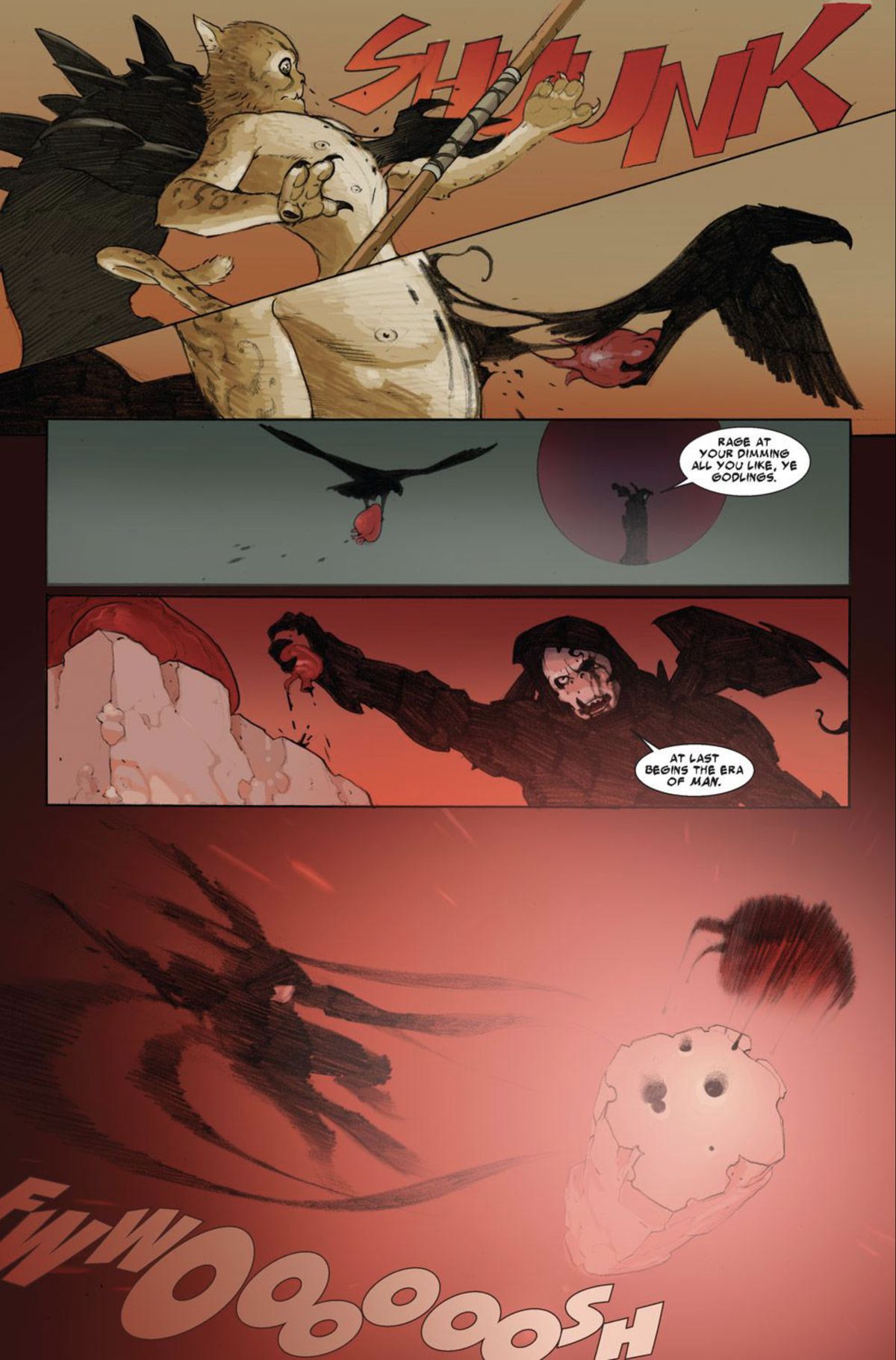 Uno dei servitori neri come la pece di Gorr infila la mano nel petto di un dio gatto da dietro. Il suo braccio si trasforma in un uccello nero, che vola via con il cuore del dio tra gli artigli.