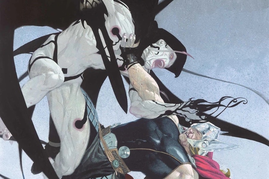 Gorr the God Butcher, un alieno dalla pelle giallastra con un enorme mantello, il cui pugno termina con una spada, combatte Thor a mezz'aria sulla copertina di Thor: God of Thunder # 11 (2013).