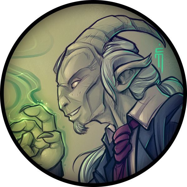 Un simbolo del personaggio di un uomo vestito con una cravatta viola. Ha le corna.