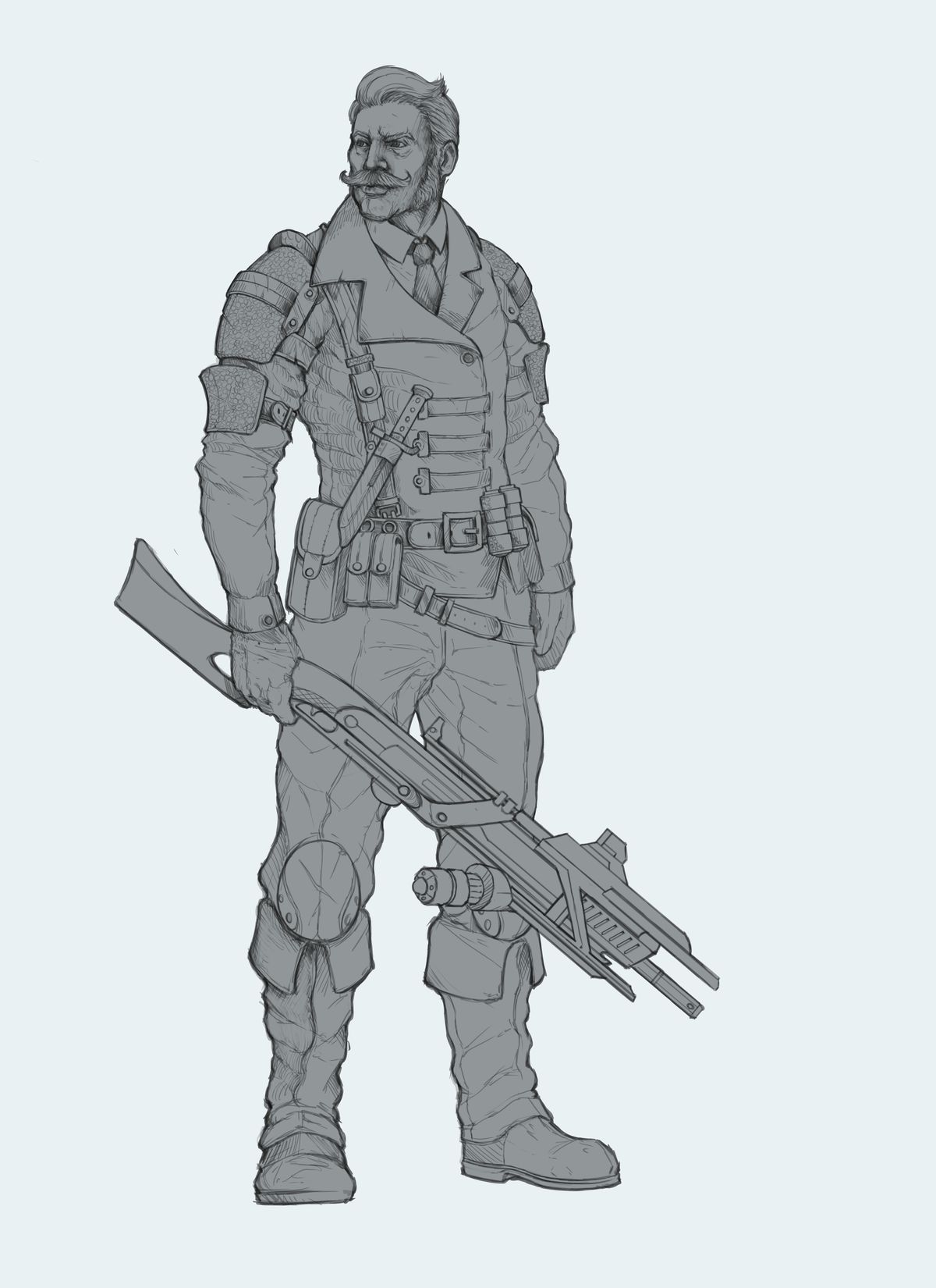 Un uomo in tuta da combattimento tiene un braccio lungo.