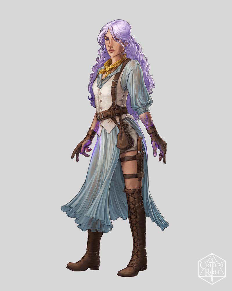 Una donna dai capelli viola, una specie di tipo da Indiana Jones.