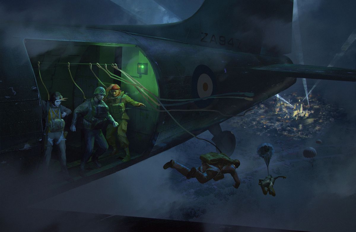 I soldati si lanciano con il paracadute da un aereo in un'illustrazione ufficiale