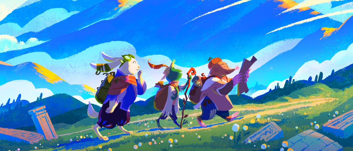 Tre personaggi esplorano tenendo una mappa e camminando su una collina