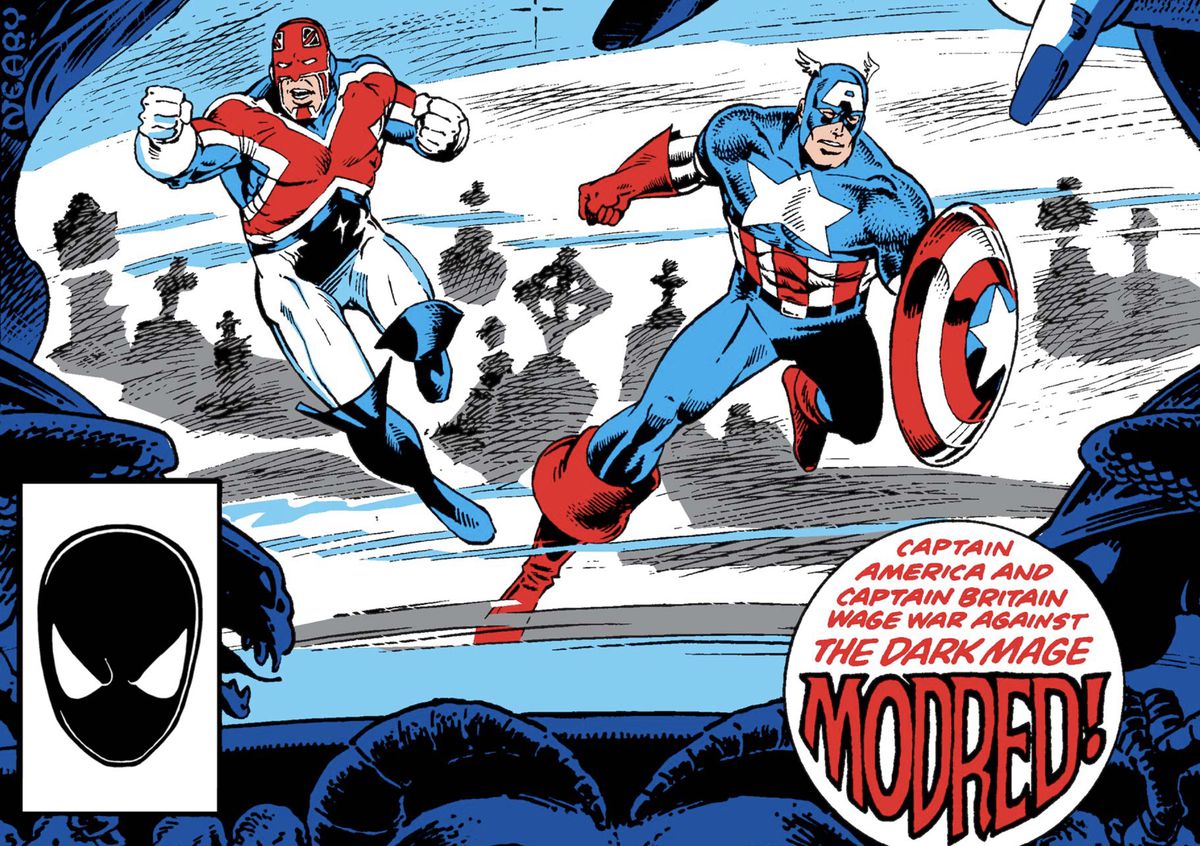 Captain Britain e Captain America posano drammaticamente in un cimitero sulla copertina di Captain America #306 (TKTK).  