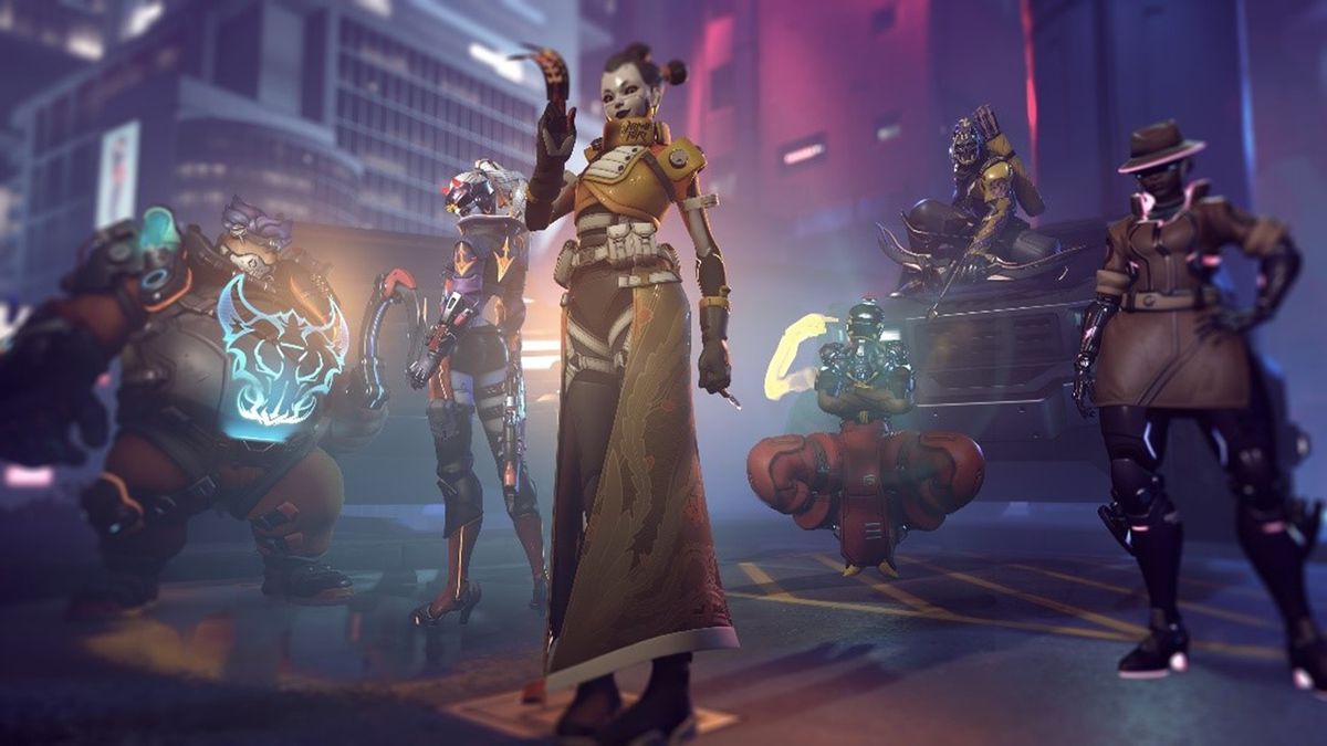 Uno screenshot di Overwatch 2 che mostra le skin a tema cyberpunk per Roadhog, Widowmaker, Kiriko, Zenyatta, Hanzo e Sojourn.