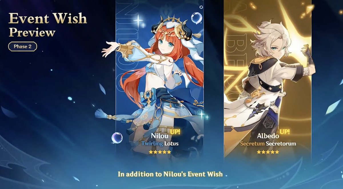 un'immagine che mostra tutti i personaggi che puoi desiderare nella seconda fase dei banner per l'aggiornamento 3.1 di genshin imapct. potrai desiderare nilou e albedo.