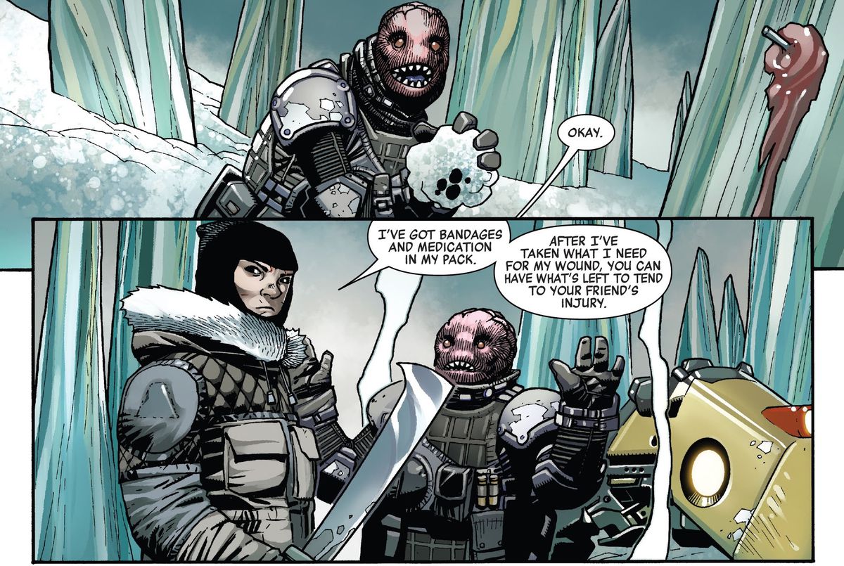 Un'adolescente umana sostiene un paio di alieni, in un luogo innevato, rubando la loro bicicletta ma lasciando loro l'equipaggiamento di sopravvivenza in Predator # 2 (2022).