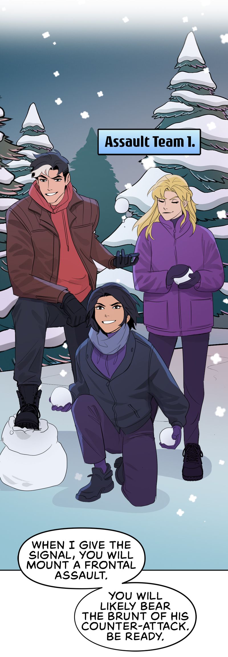 Tim Drake discute le tattiche di lotta a palle di neve con Cappuccio Rosso, Stephanie Brown e Cassandra Cain in Batman: Wayne Family Adventures.