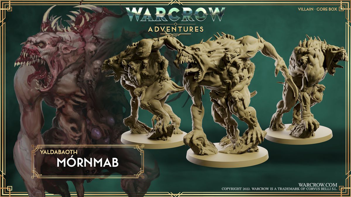 Il Mornmab, mostrato in un rendering dell'eventuale miniatura, ha più mascelle convergenti ed è butterato da teschi e artigli, cercando di lasciare la forma deforme.