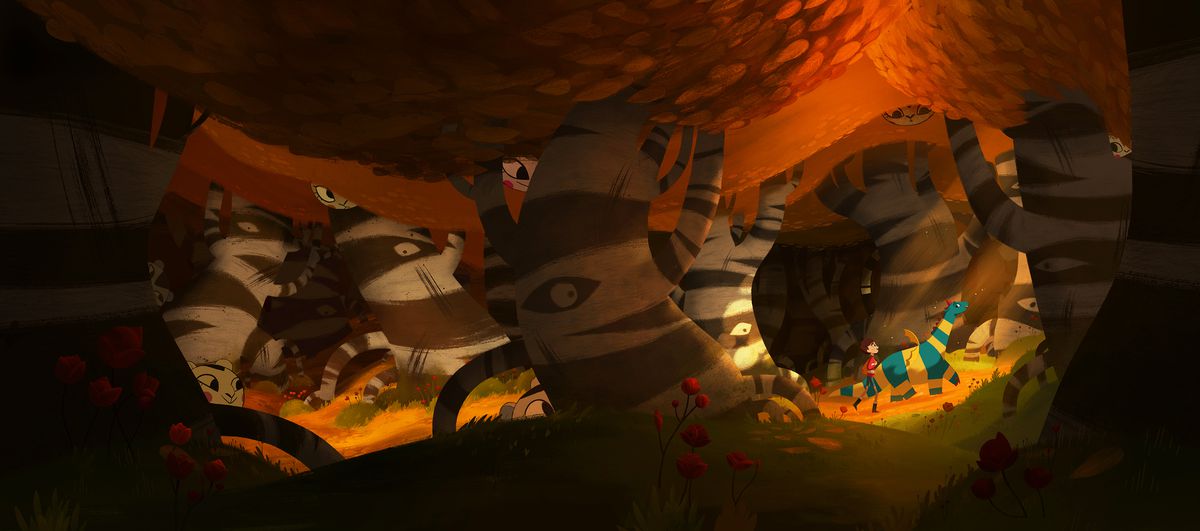 Elmer e Boris il drago camminano attraverso un misterioso bosco autunnale in My Father's Dragon