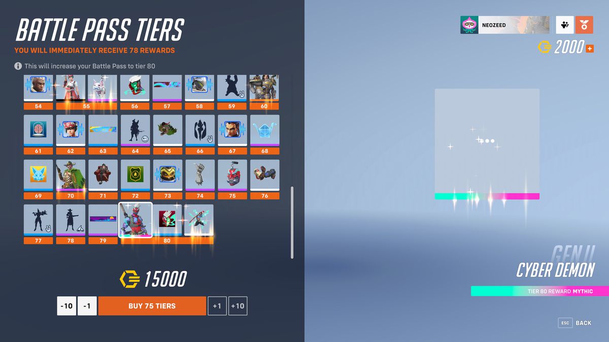 Una schermata del menu di Overwatch 2 che mostra il processo di acquisto dei livelli del pass battaglia. Una griglia di oggetti cosmetici sbloccabili sulla sinistra ha un prezzo di 15.000 monete sotto.