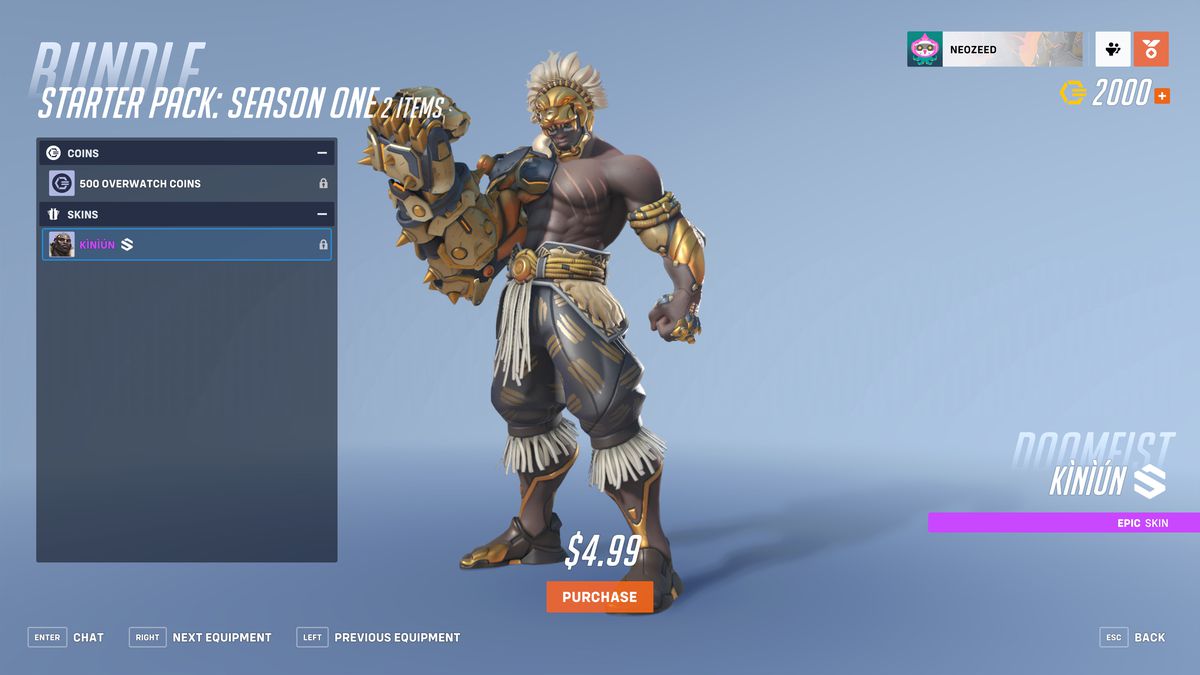 Uno screenshot di Overwatch 2 che mostra la skin epica Kìnìún (che significa