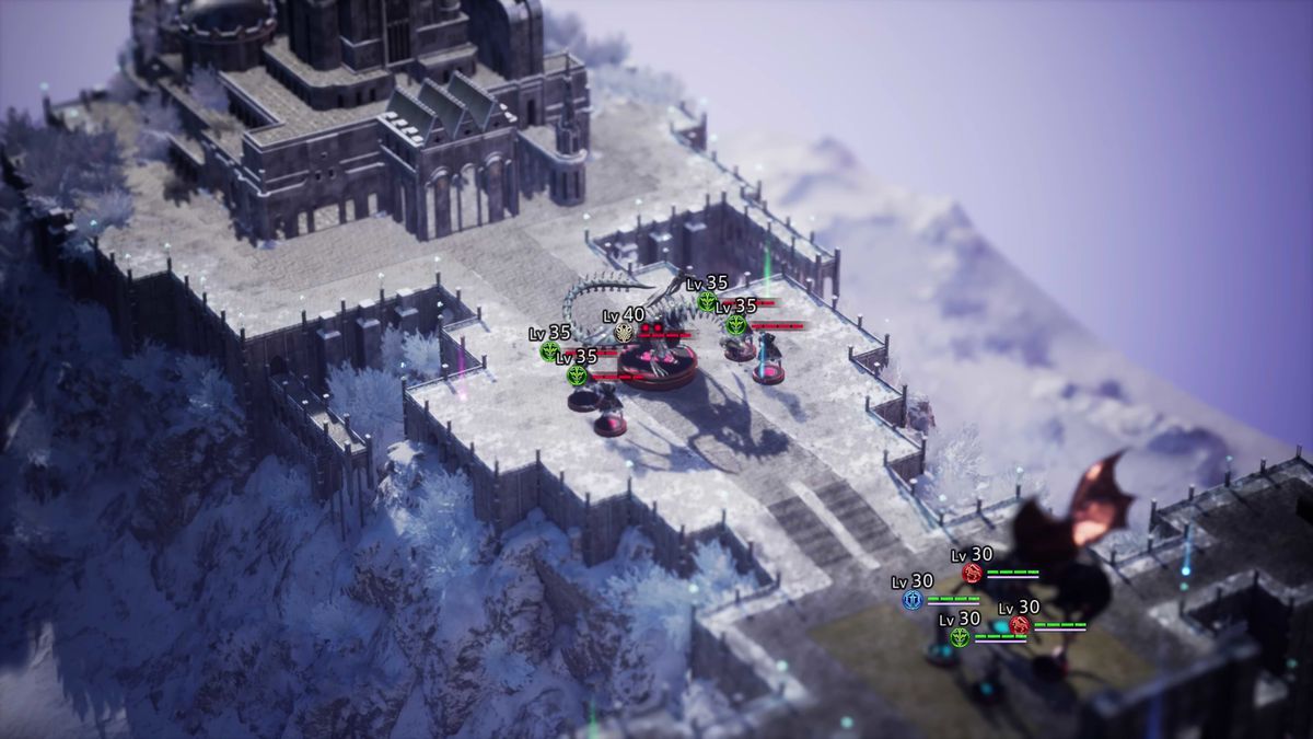 Una vista ingrandita delle unità da battaglia che si ammassano sui gradini di un tempio in The DioField Chronicle