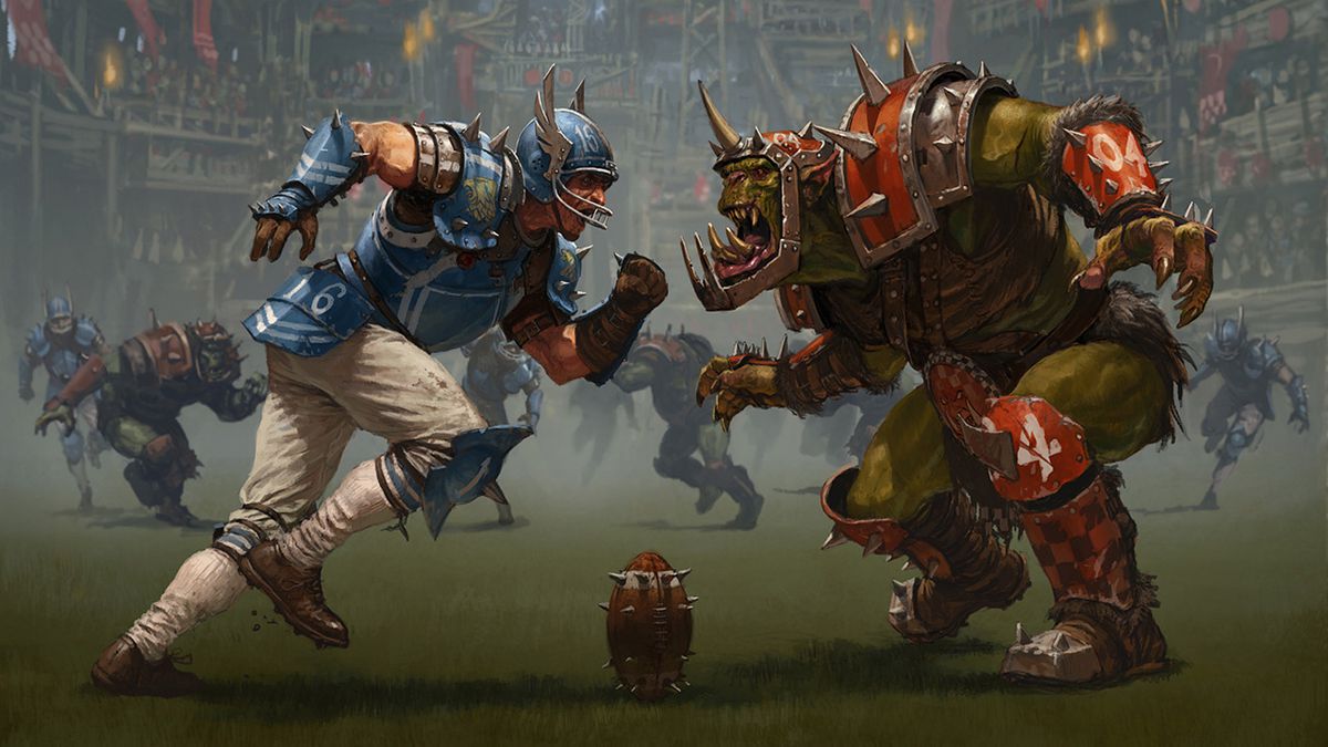 Un orco affronta un umano in Blood Bowl 2