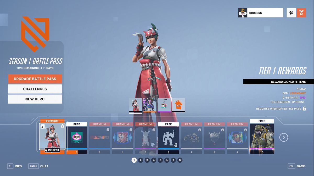 Una schermata del menu in Overwatch 2 che mostra il pass di battaglia della stagione 1 e i primi 10 livelli di cosmetici sbloccabili che i giocatori possono guadagnare.