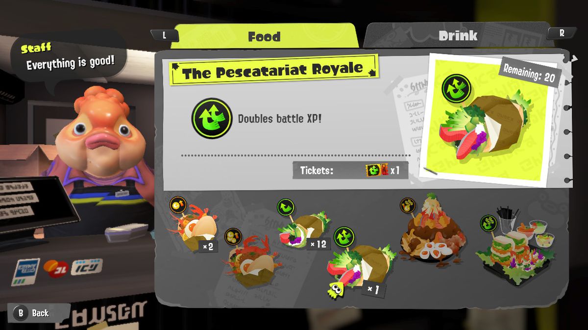 Il personale della donna pesce che vende cibo che raddoppia l'Exp di battaglia in Splatoon 3. Ha 5 diverse opzioni tra cui scegliere.  Vende anche bibite