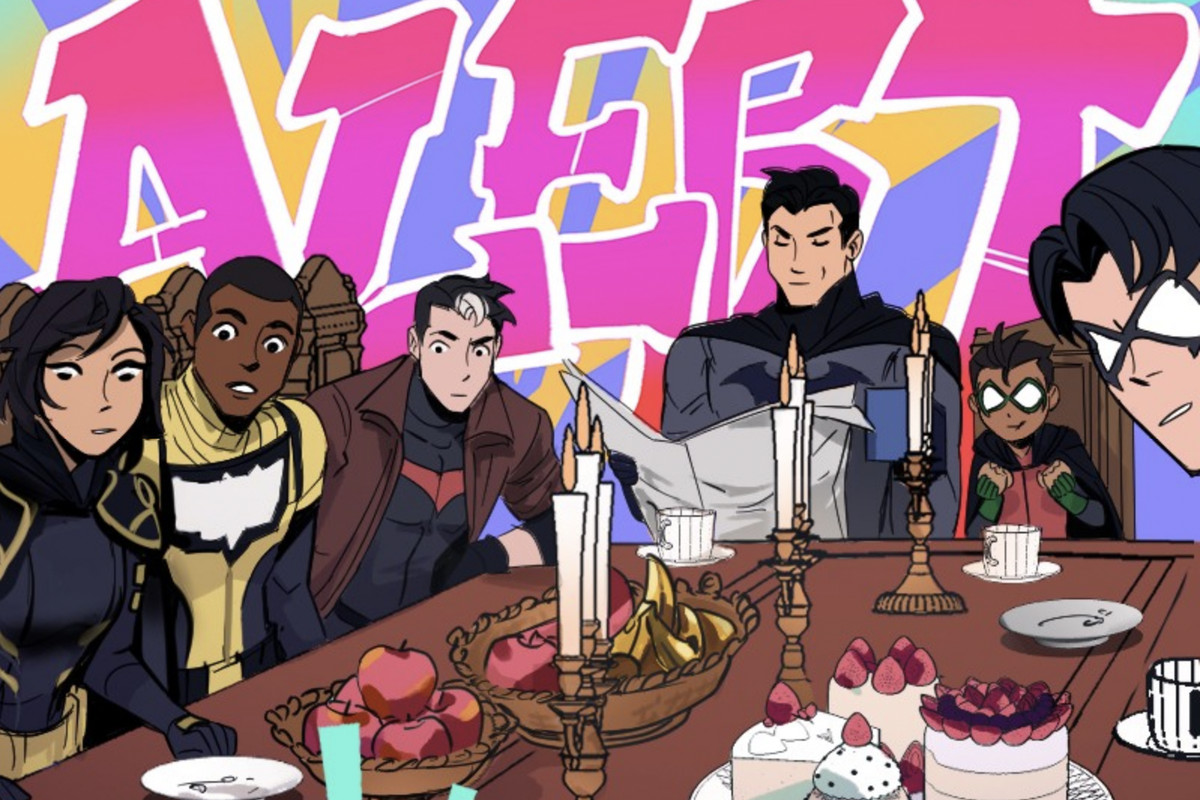 Batman legge con calma un giornale, seduto a un tavolo circondato dalla sua famiglia. Sono tutti nei loro costumi da supereroe e fissano eccitati qualcosa fuori dall'inquadratura, in Batman: Wayne Family Adventures.