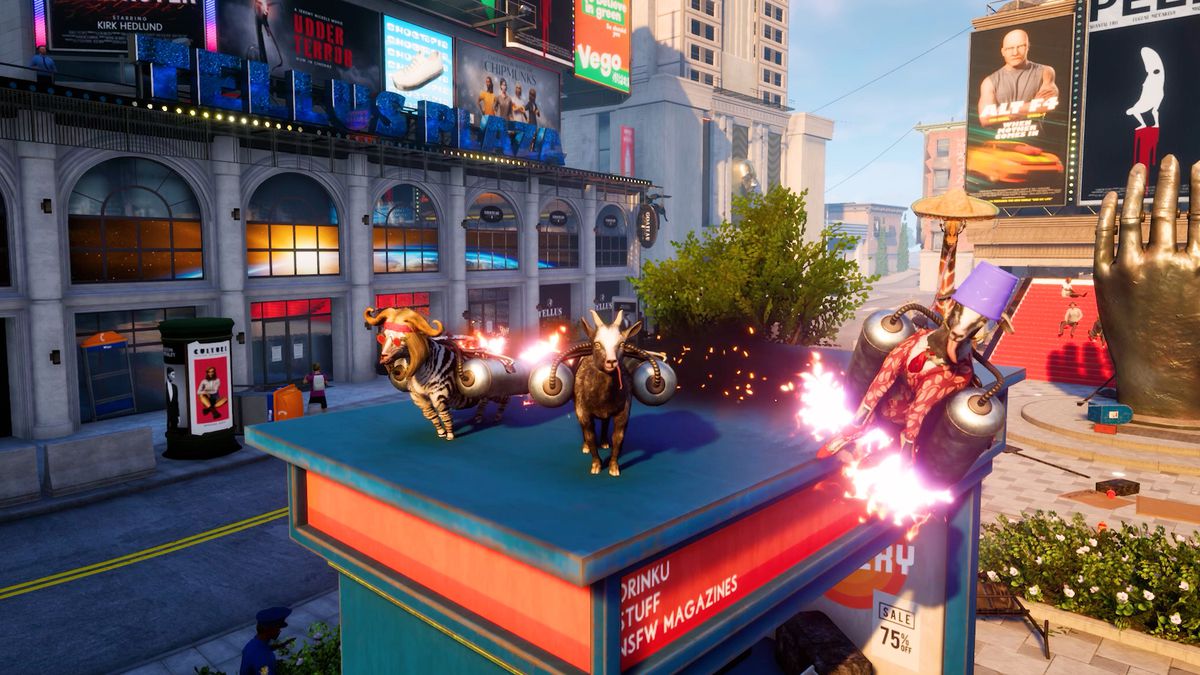 Un trio di capre che indossano jet pack si prepara al lancio dal tetto di un'edicola in uno screenshot di Goat Simulator 3