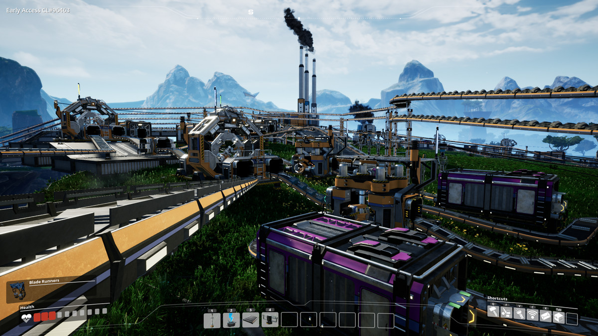 Un'ampia ripresa della fabbrica di Soddisfacente, che mostra un rendering 3D di numerose linee di assemblaggio interconnesse in una formazione simile a uno spaghetto.