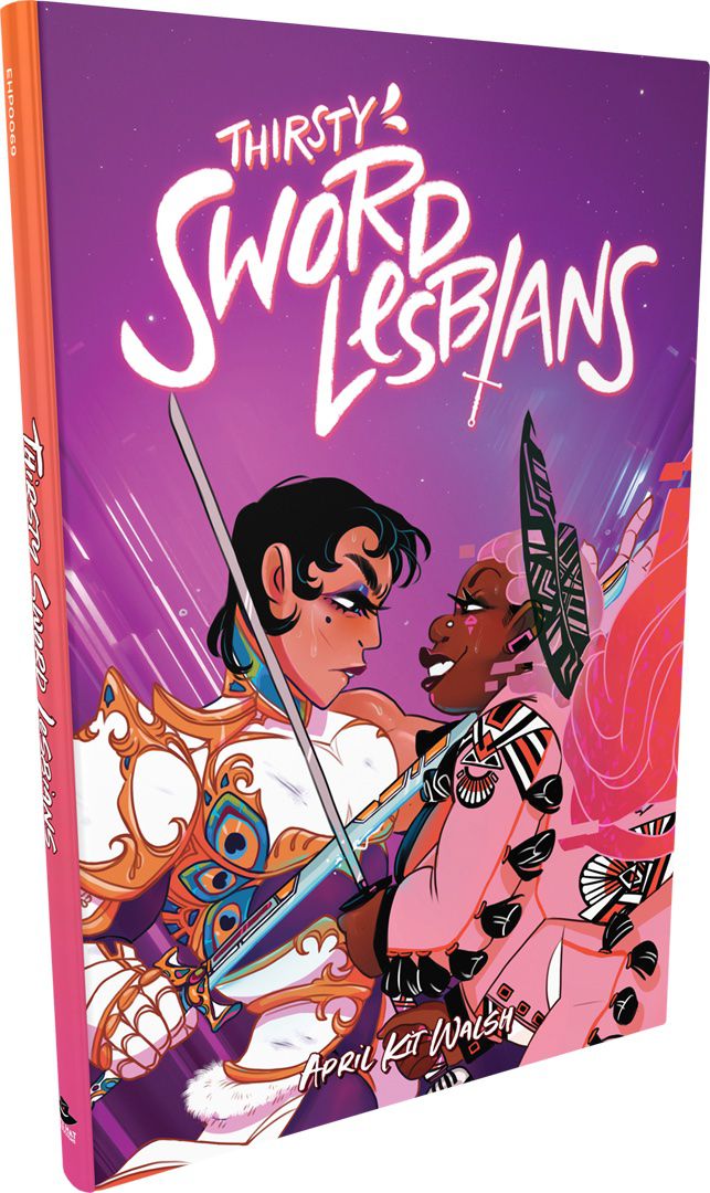 La copertina del libro Thirsty Sword Lesbians mostra due personaggi che si scontrano con la spada uno vicino all'altro