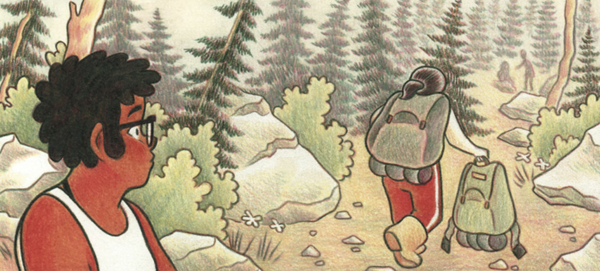 Una ragazza nera con gli occhiali guarda con uno sguardo stupito mentre un'altra ragazza si allontana da lei, portando due zaini, nella graphic novel di Melanie Gillman As The Crow Flies