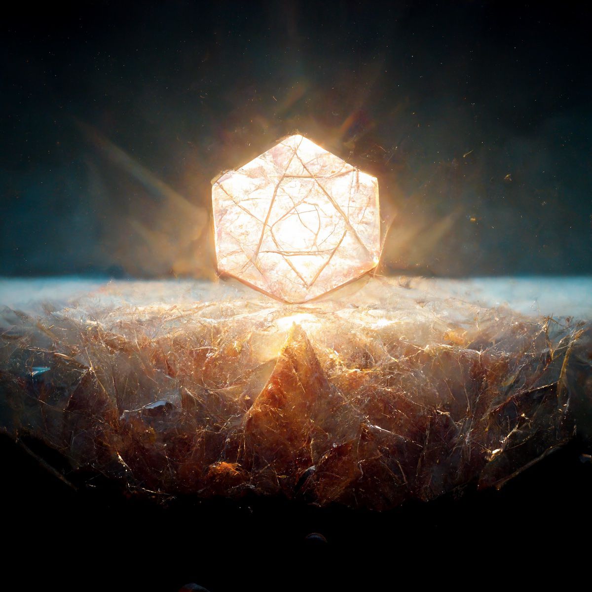 Un dado luminoso galleggia sopra quella che sembra una grotta di pietra