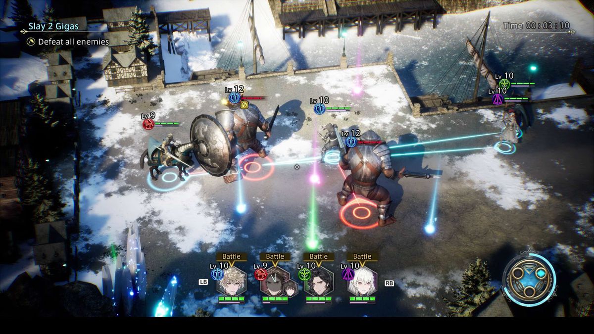 Andrias, Fredret, Iscarion e Waltaquin combattono due nemici di tipo boss nella neve in The DioField Chronicle