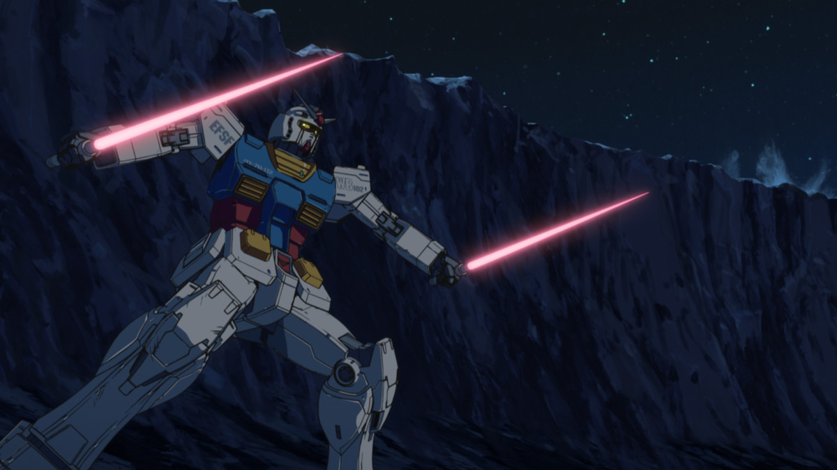 L'RX-78-2 Gundam brandisce due spade laser nell'isola di Cucuruz Doan di Mobile Suit Gundam.