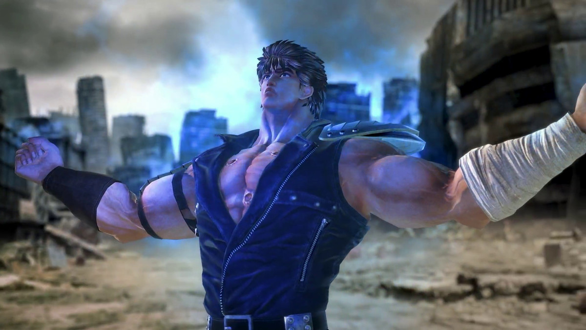 un uomo muscoloso che indossa un giubbotto con cerniera e tende le braccia mentre guarda in alto in Fitness Boxing Fist of the North Star