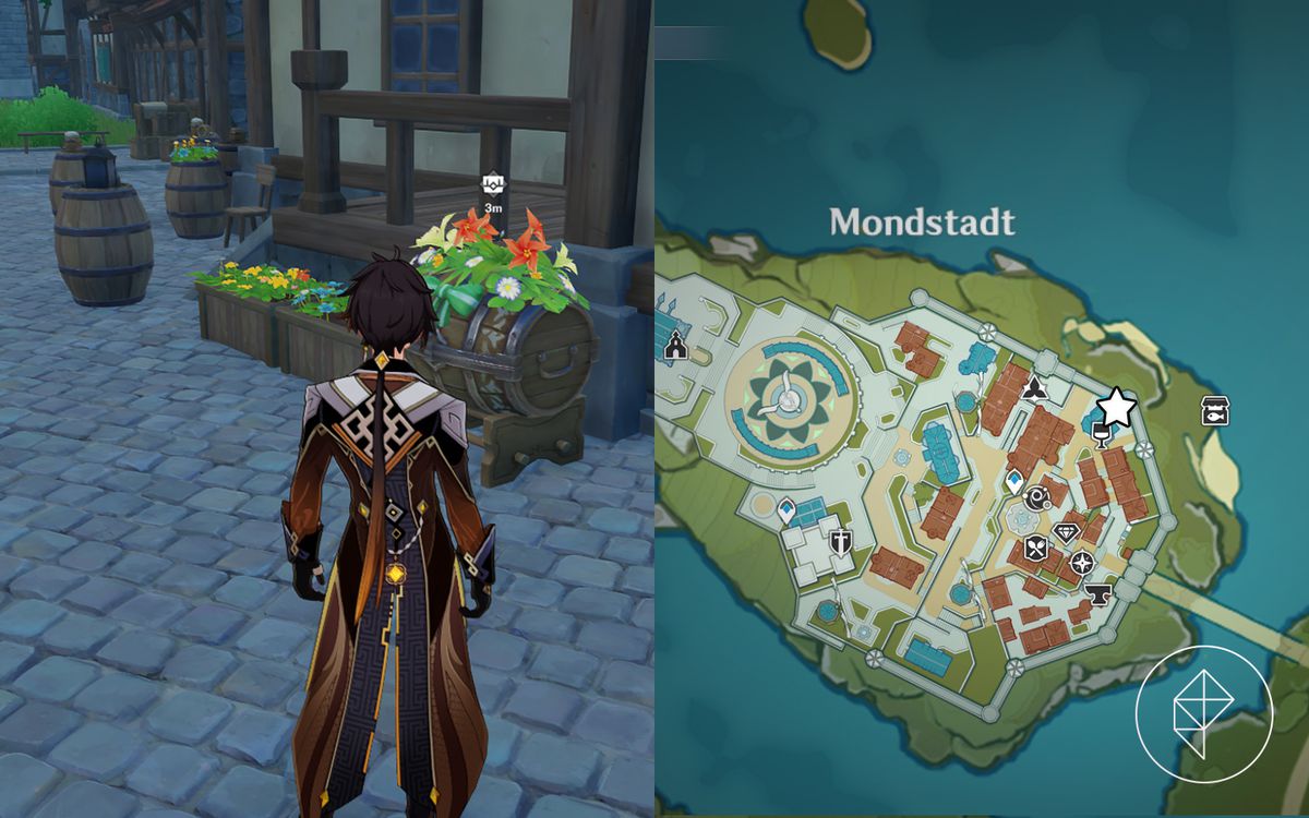 Zhongli si trova accanto a un barile vicino ad alcuni fiori vicino al bar di Diluc