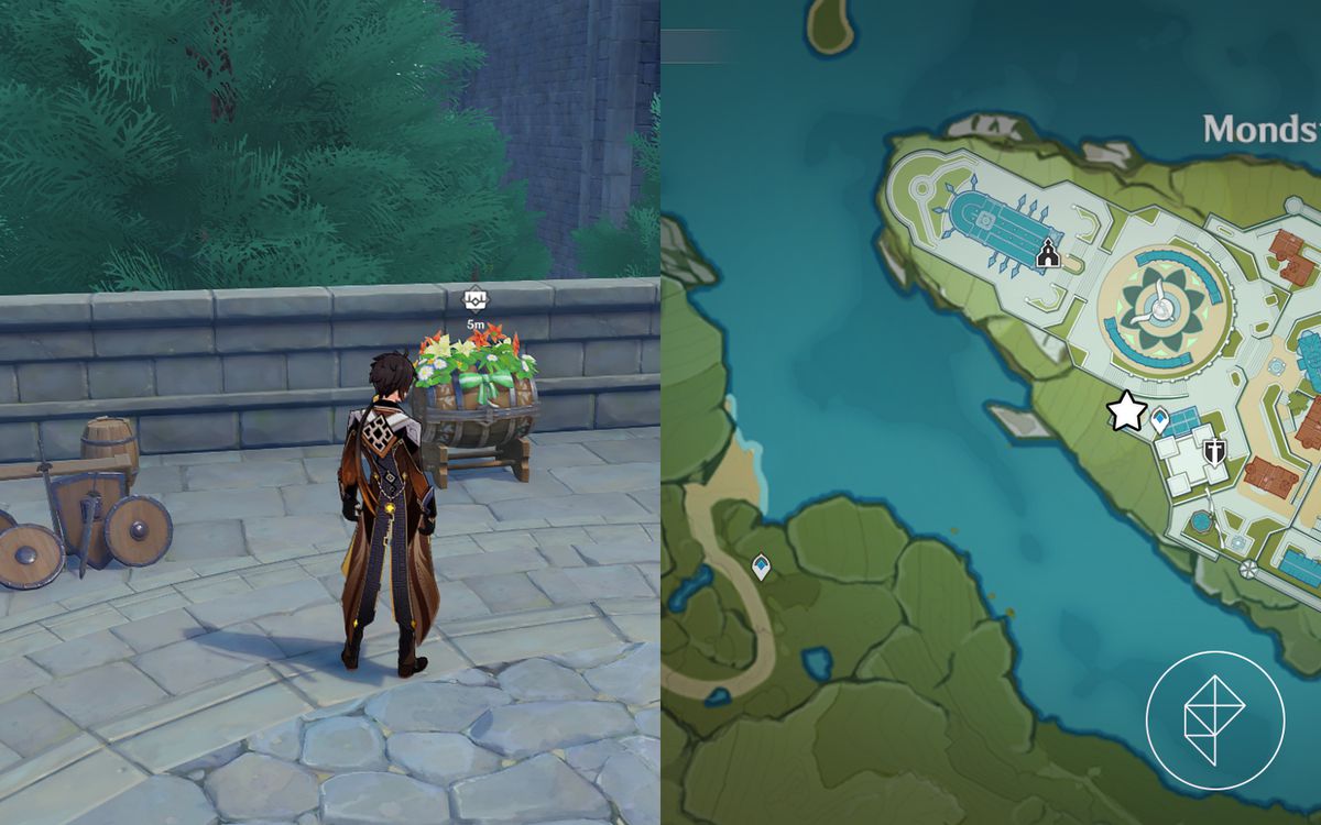 Una cassa di botte fiorita su un sentiero di pietra vicino a attrezzature da battaglia come scudi e spade