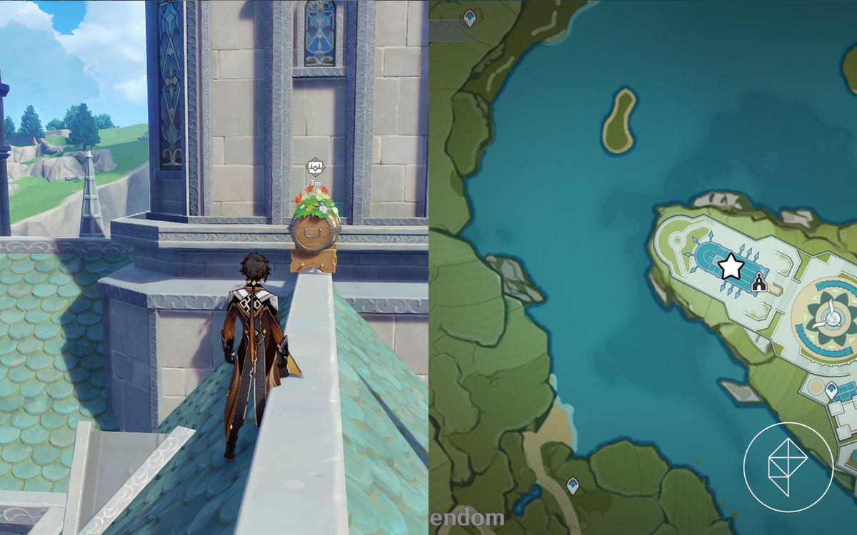 Un barile fiorito in cima al tetto della chiesa di Mondstadt