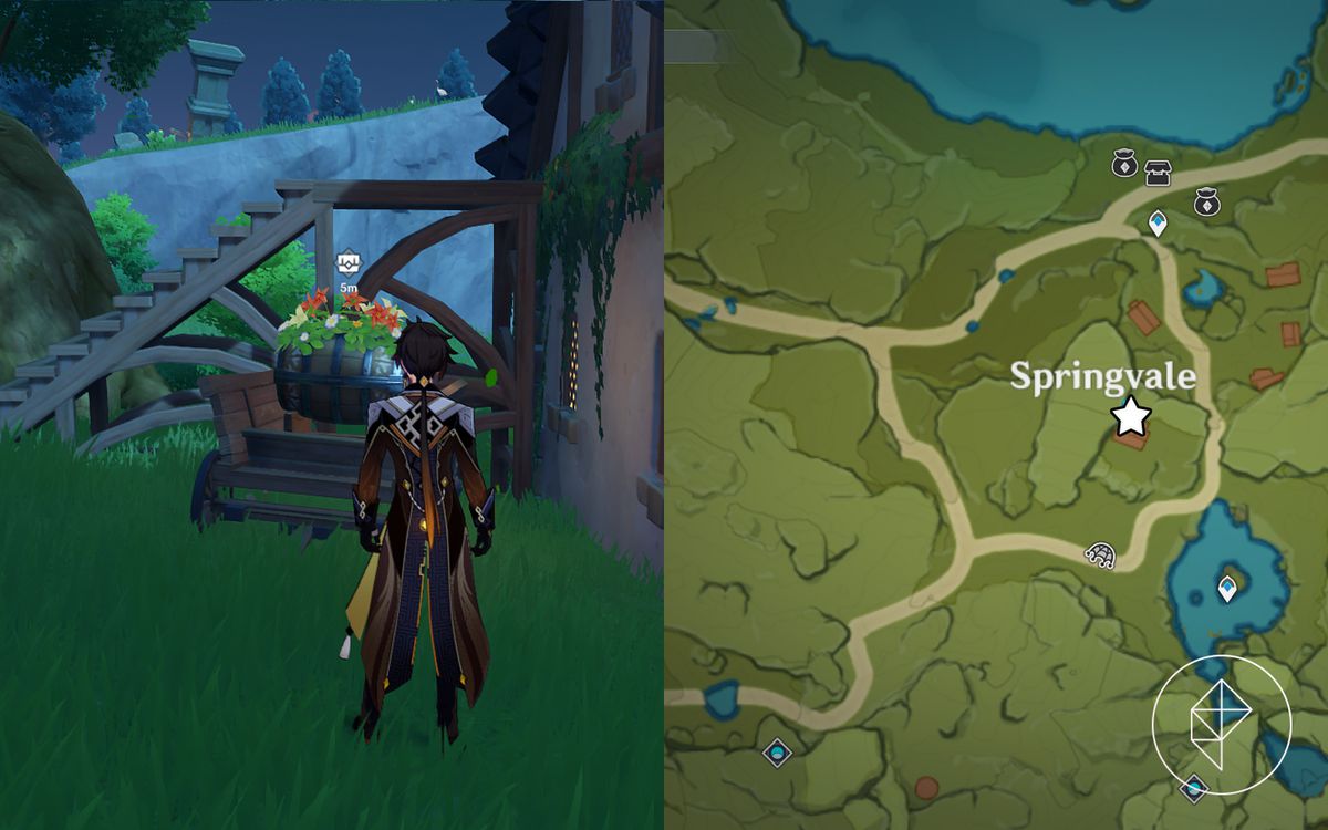 Zhongli si trova di fronte a un barile decorato seduto su un carro dietro una casa