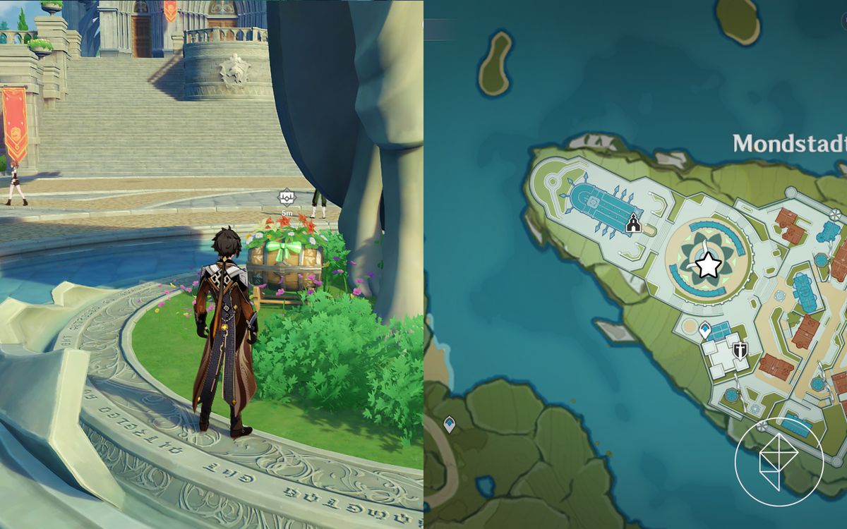 Zhongli si trova di fronte a una cassa a botte decorata da una grande statua dell'arconte Anemo