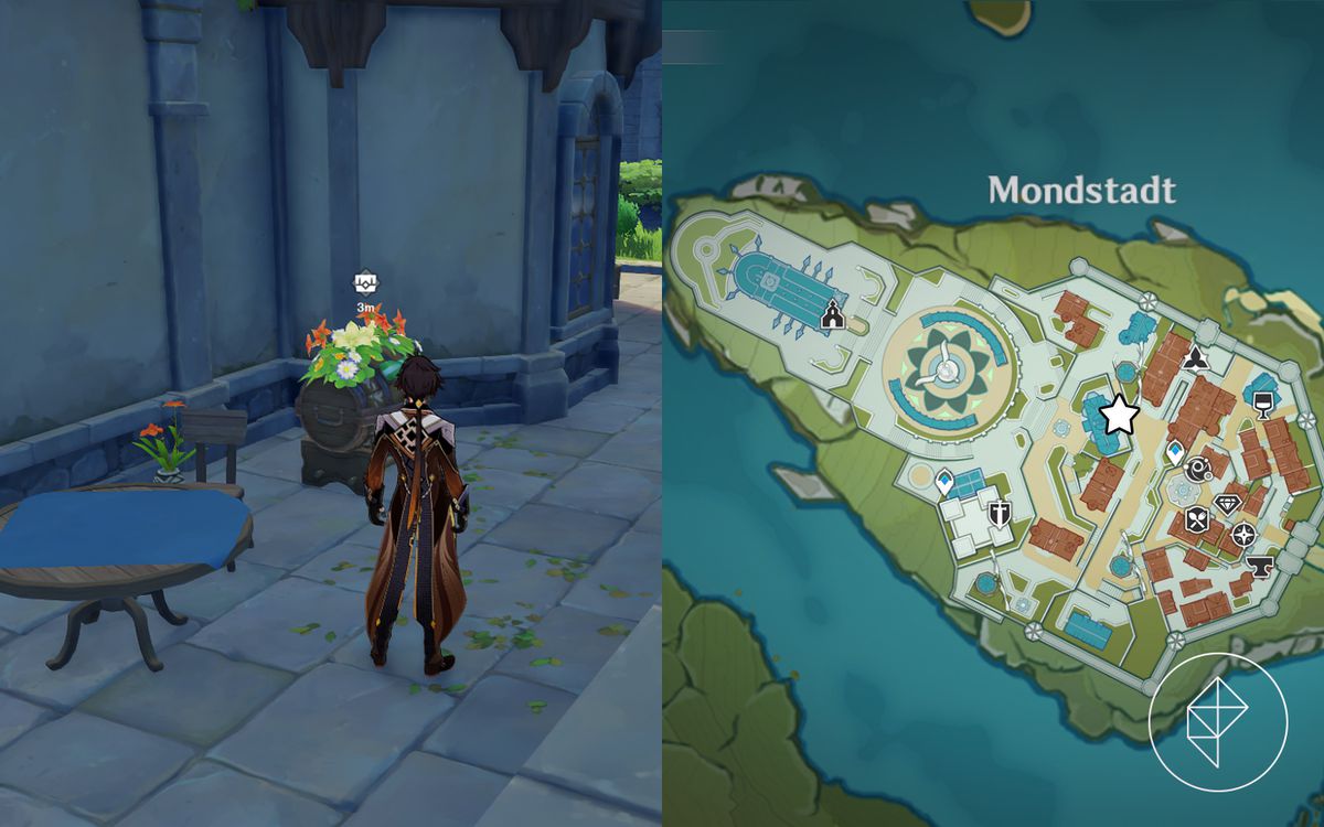 Zhongli si trova di fronte a un Cesto Fecund vicino ad alcuni tavoli e sedie