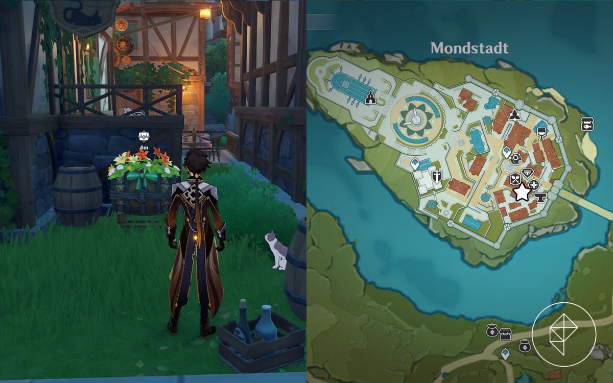 Zhongli si trova di fronte a un barile di fiori decorato vicino ad alcuni gatti dietro un bar