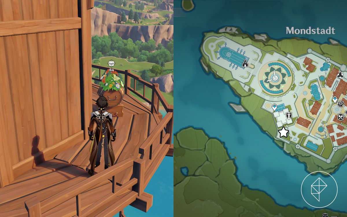 Zhongli si trova in cima a un mulino a vento, con un barile fiorito davanti a lui