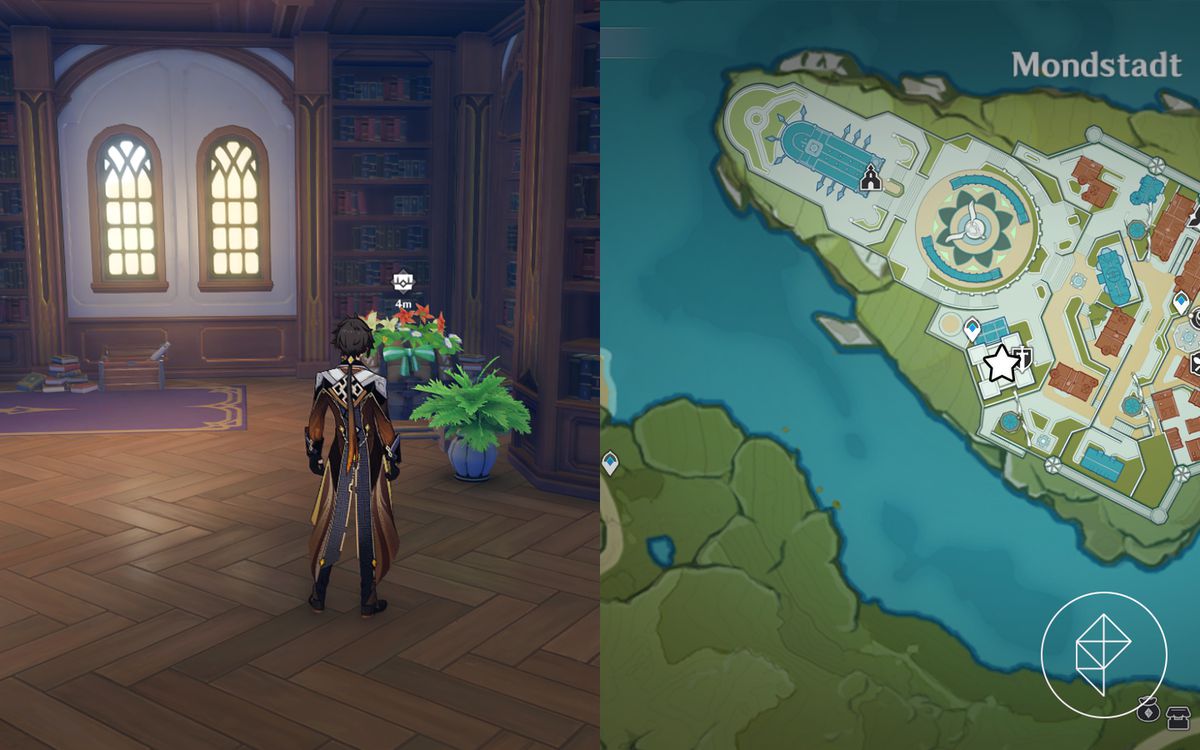 Zhongli davanti a un barile fiorito in una biblioteca