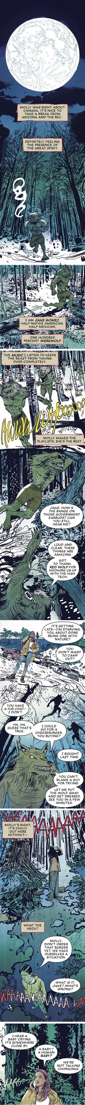 Jake Gomez, un lupo mannaro, si avventura attraverso una foresta con la sua partner Molly in Marvel Infinity's Werewolf by Night.