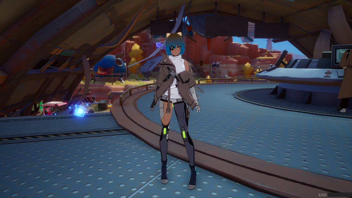 Un personaggio di Tower of Fantasy che indossa orecchie da gatto, una benda sull'occhio, una canotta bianca e una giacca pratica, che cade da una spalla. Le sue gambe da robot fanno sembrare che le manchi una parte dei pantaloni.