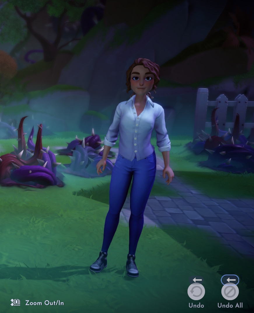 Un personaggio della Disney Dreamlight Valley che indossa jeans attillati e una semplice camicia abbottonata.