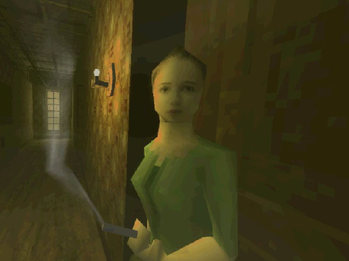 Una donna a basso numero di poligoni fuma una sigaretta in un corridoio con una lampadina soffusa in Paratopic