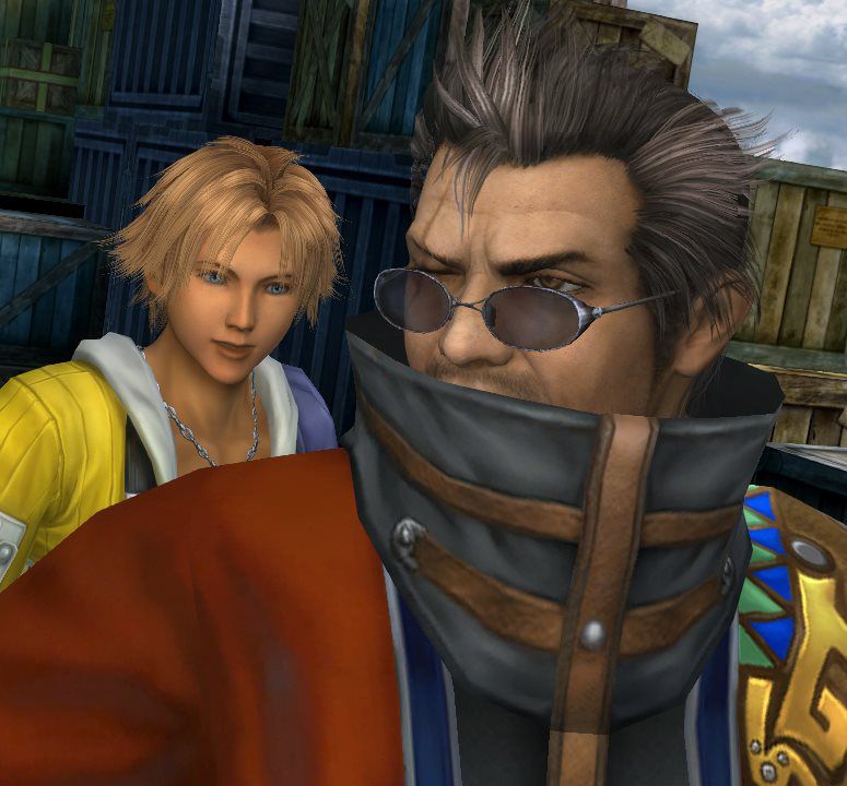Uno screenshot del remaster di Final Fantasy 10 mostra da vicino il viso di Auron e l'alta cravatteria