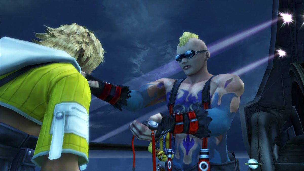 Uno screenshot del remaster di Final Fantasy 10 mostra Brother e i suoi tatuaggi blu sulla parte superiore del corpo