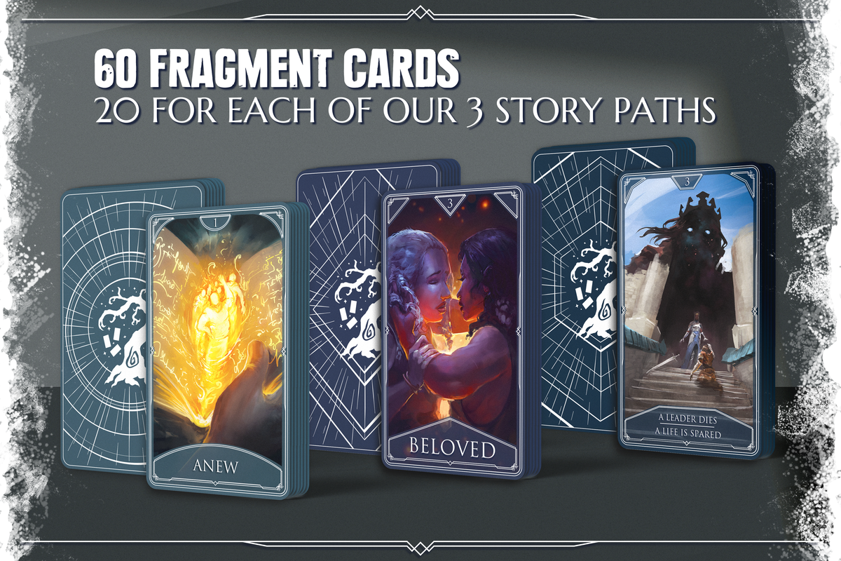 Tre mazzi di carte in stile tarocchi, uno ciascuno per i tre elementi di The Session Zero System. Di nuovo mostra un libro d'oro pieno di spiriti che si contorcono; l'amato mostra due donne che si abbracciano per baciarsi; e un leader muore/a una vita viene risparmiata mostra un re spettrale titanico che si affaccia su un'incoronazione.