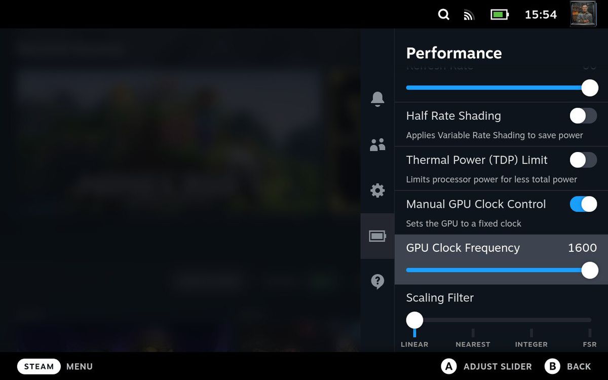 Il menu Prestazioni dello Steam Deck mostra le opzioni per prolungare la durata della batteria della macchina, tra cui Half Rate Shading e Thermal Power Limit, alternando il controllo manuale dell'orologio della GPU.