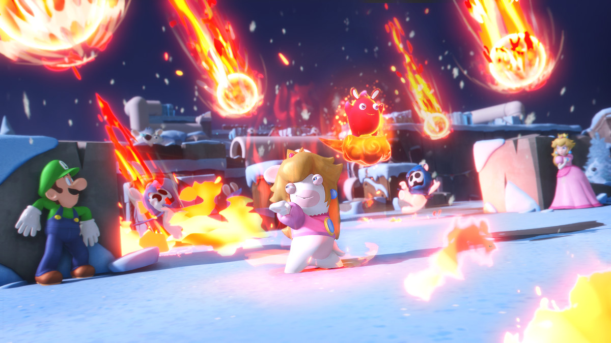 Rabbid Peach attiva la Pyrogeddon Spark, evocando una pioggia di meteoriti esplosiva in un raggio intorno a lei in Mario + Rabbids Sparks of Hope